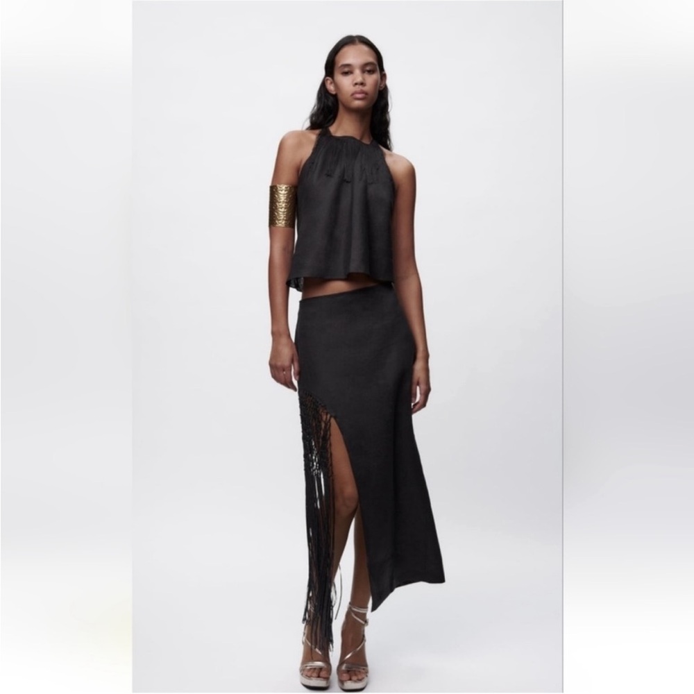 NWT Zara 100% Linen Fringed Long Skirt in Black